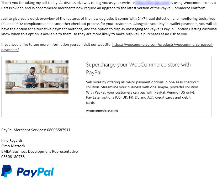 paypal woo-commerce plug-in scam caller